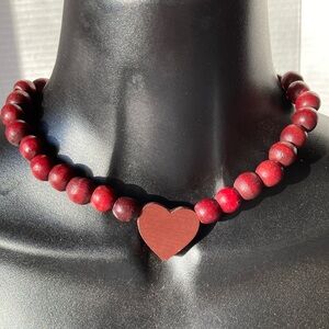 Heart Choker Necklace Love Romance Pendant Red Wood 10mm Beads